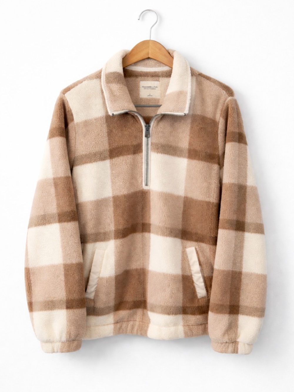 Abercrombie & Fitch Fleece Sherpa Pullover Mocha Plaid Quarter Zip Size S